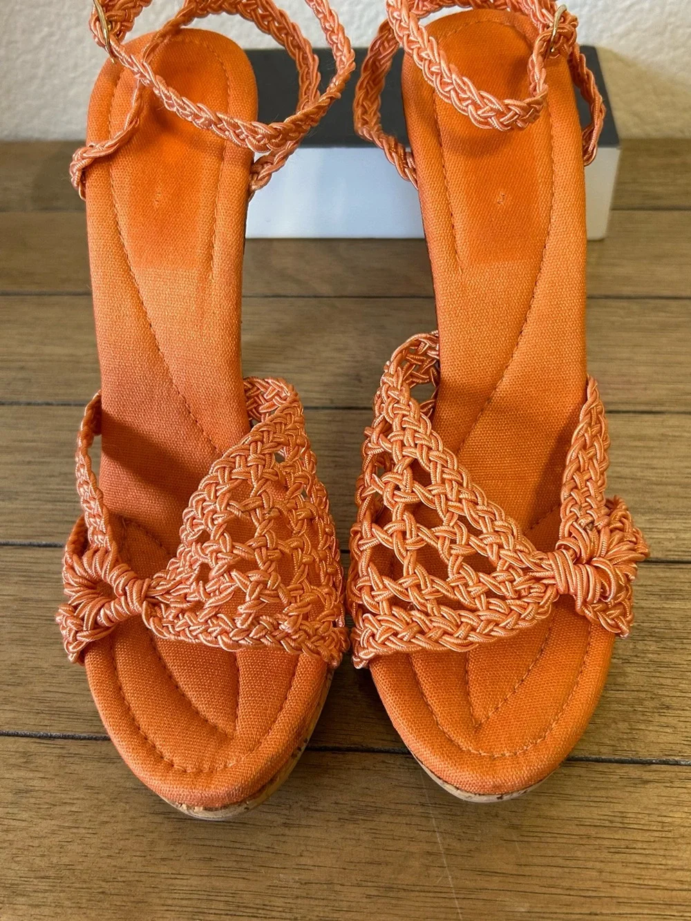 Heels - orange braided strap heels with cork bottom- Tropical resort style 6M